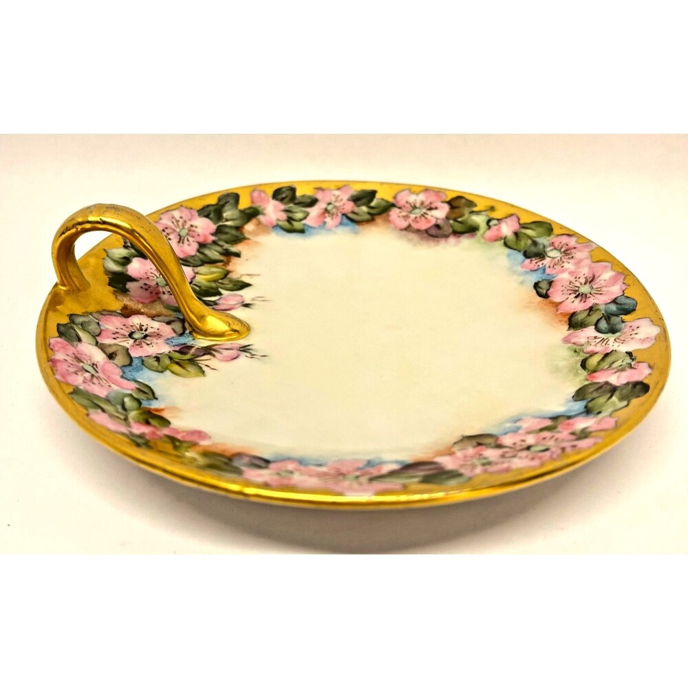 Vintage Germany Porcelain Bon Bon Dish Pink Floral Gold Handle Trinket Plate 6in